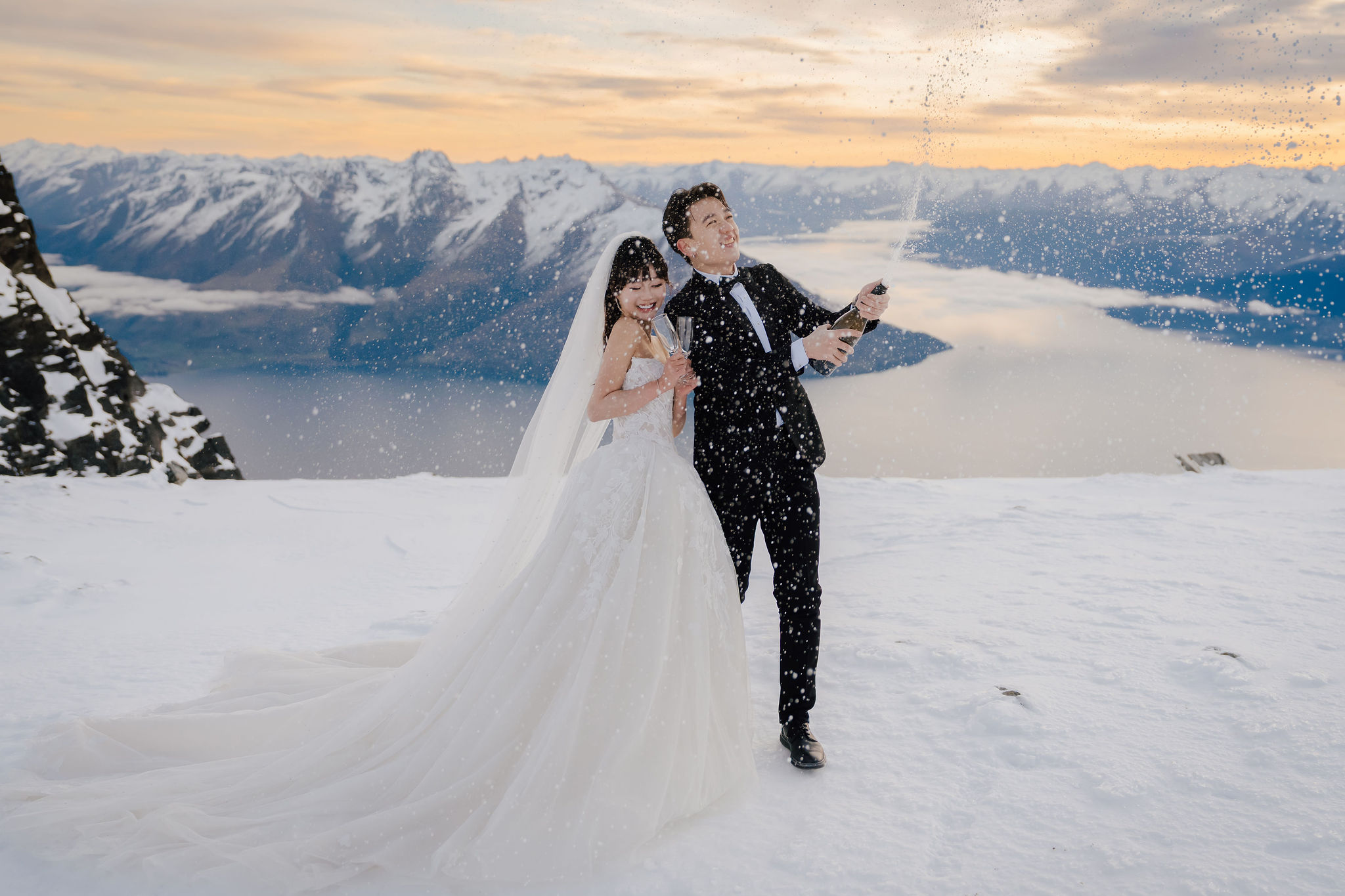 New Zealand elopement photoshoot Queenstown mountain champagne