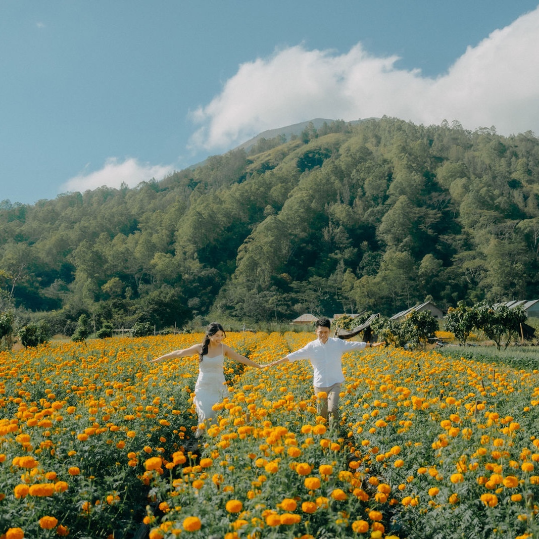 Couple at marigold fields in Bali